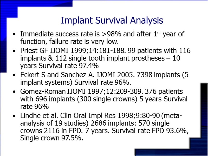 Implant Survival Analysis Immediate success rate is >98% and after 1st year of function,